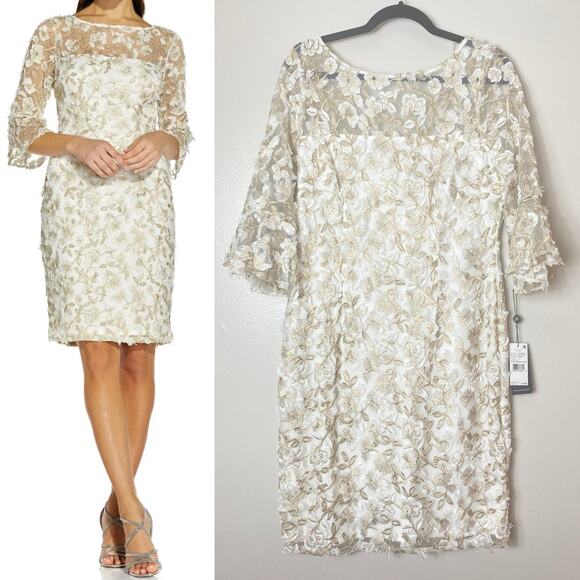 NWT ADRIANNA PAPELL DRESS COCKTAIL FLORAL METALLIC EMBROIDERY SHEATH WHITE GOLD - Picture 1 of 13